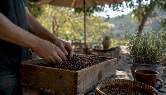 Hands holding freshly roasted coffee beans in roasting tray